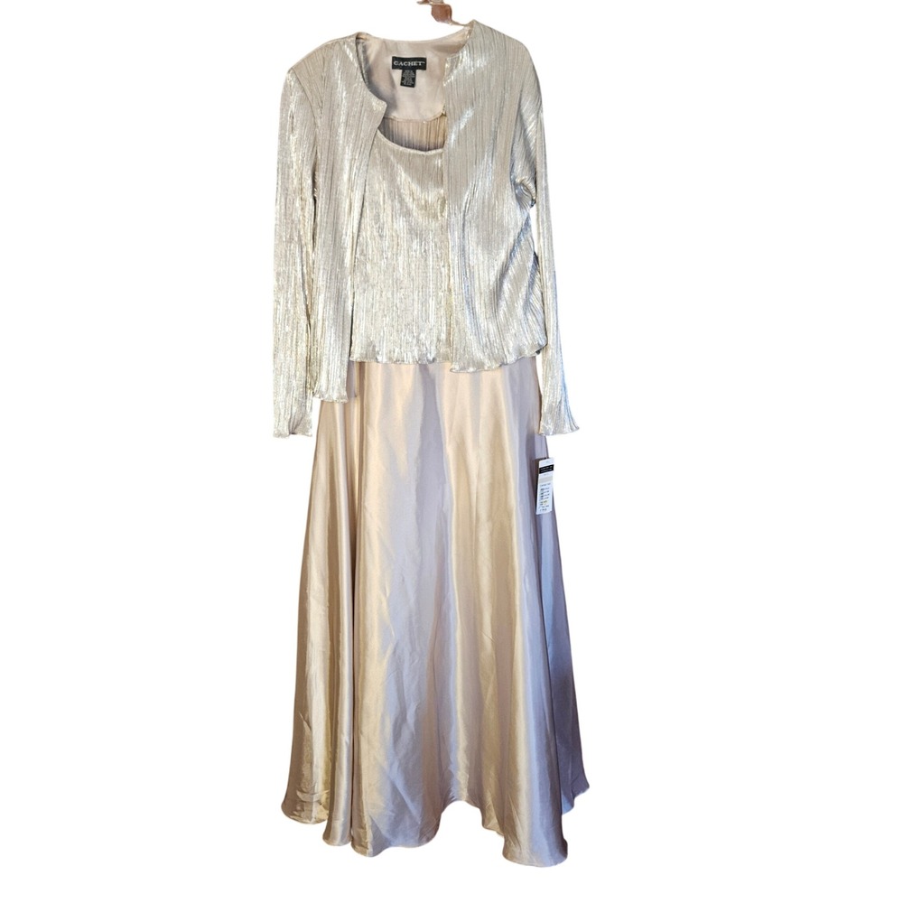 Cachet Champagne Metallic Pleated 2-Piece Maxi Dress Set with Jacket Size 12 NEW